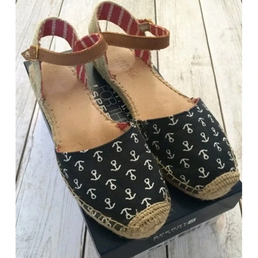 Sperry Top Sider 7.5 Hope Espadrilles Flats Navy Anchors Jute Rope trim Nautical